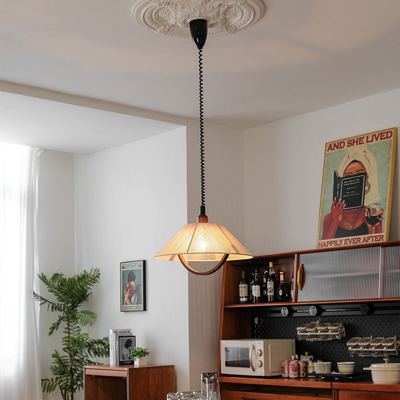 Contemporary Retro Retractable Round Trapezoidal Ash Wood Cotton Linen 1-Light Pendant Light For Living Room