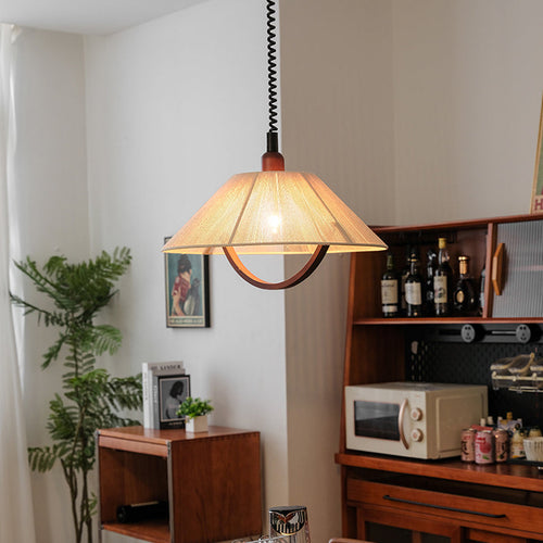 Contemporary Retro Retractable Round Trapezoidal Ash Wood Cotton Linen 1-Light Pendant Light For Living Room