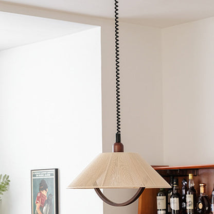 Contemporary Retro Retractable Round Trapezoidal Ash Wood Cotton Linen 1-Light Pendant Light For Living Room