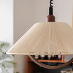 Contemporary Retro Retractable Round Trapezoidal Ash Wood Cotton Linen 1-Light Pendant Light For Living Room