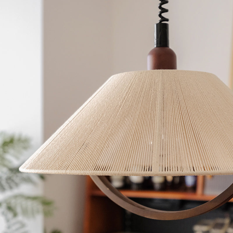 Contemporary Retro Retractable Round Trapezoidal Ash Wood Cotton Linen 1-Light Pendant Light For Living Room