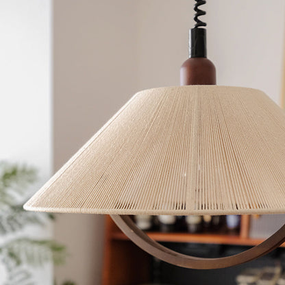 Contemporary Retro Retractable Round Trapezoidal Ash Wood Cotton Linen 1-Light Pendant Light For Living Room