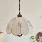 Traditional French Round Dome Floral Print Solid Wood Fabric 1-Light Pendant Light For Living Room