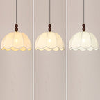 Traditional French Round Wavy Edge Hardware Solid Wood Floral Printed Fabric Shade 1-Light Pendant Light For Living Room