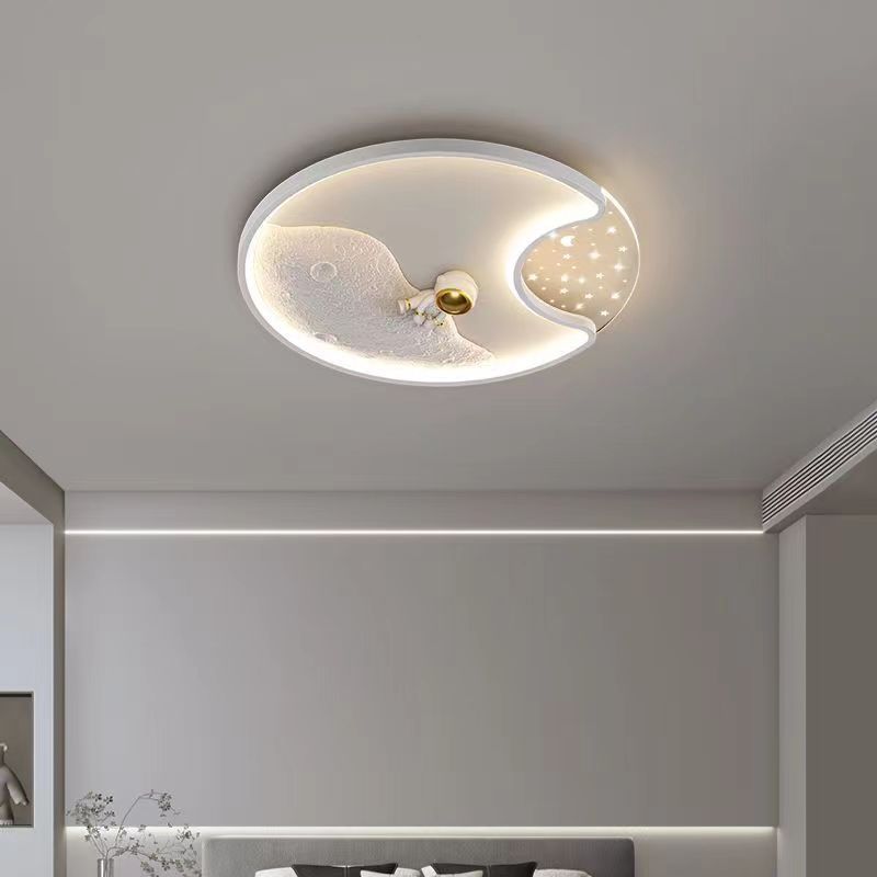 Modern Minimalist Round Moon Astronaut Iron Acrylic LED Flush Mount Ceiling Light for Bedroom