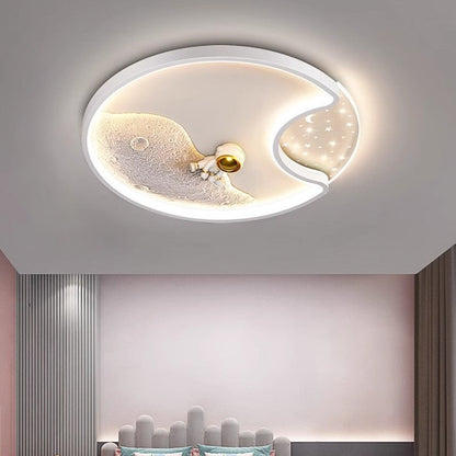 Modern Minimalist Round Moon Astronaut Iron Acrylic LED Flush Mount Ceiling Light for Bedroom