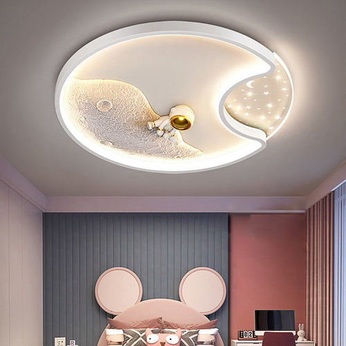 Modern Minimalist Round Moon Astronaut Iron Acrylic LED Flush Mount Ceiling Light for Bedroom