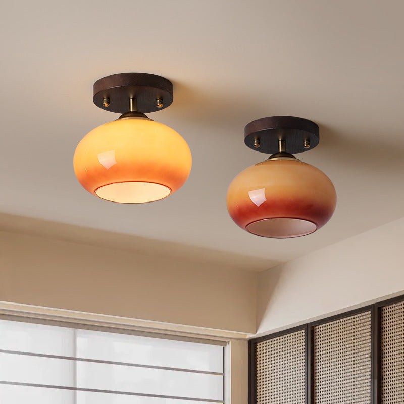 Contemporary Retro Round Oval Dome Wooden Base Glass 1-light Semi-flush Mount Ceiling Light for Living Room