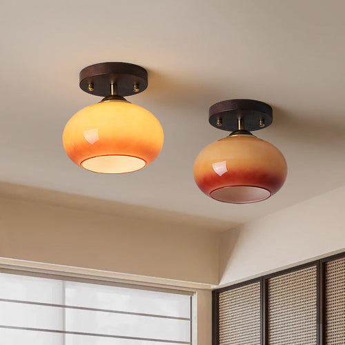Contemporary Retro Round Oval Dome Wooden Base Glass 1-light Semi-flush Mount Ceiling Light for Living Room