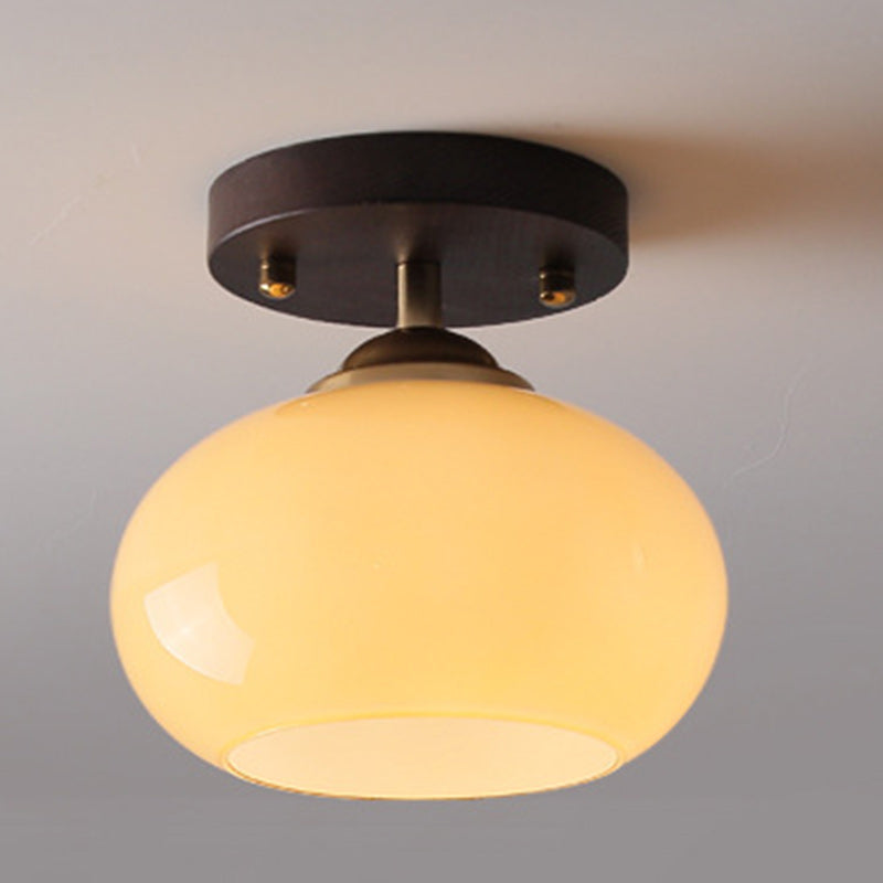Contemporary Retro Round Oval Dome Wooden Base Glass 1-light Semi-flush Mount Ceiling Light for Living Room