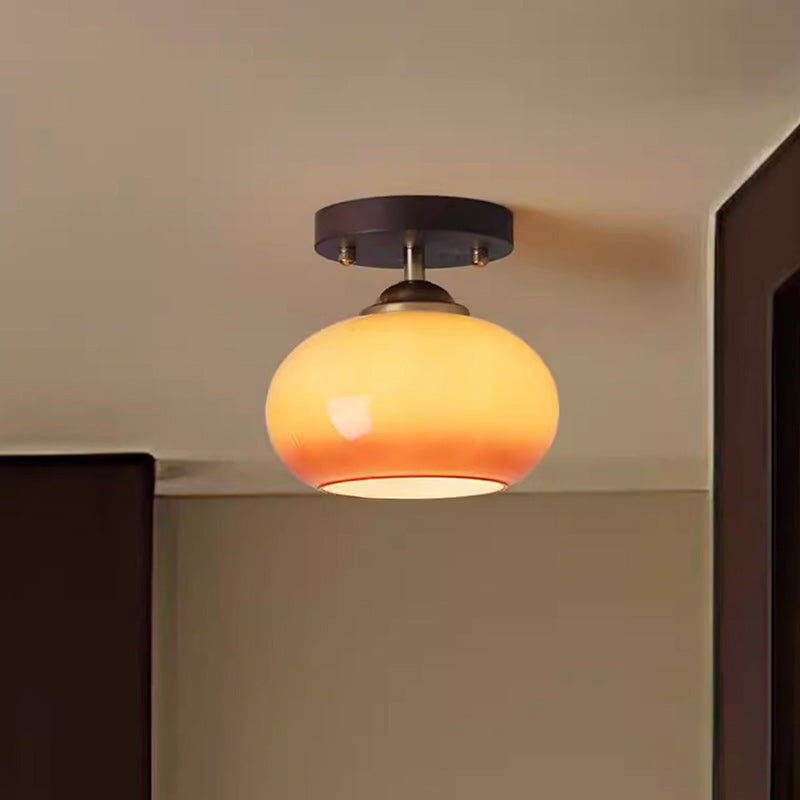 Contemporary Retro Round Oval Dome Wooden Base Glass 1-light Semi-flush Mount Ceiling Light for Living Room
