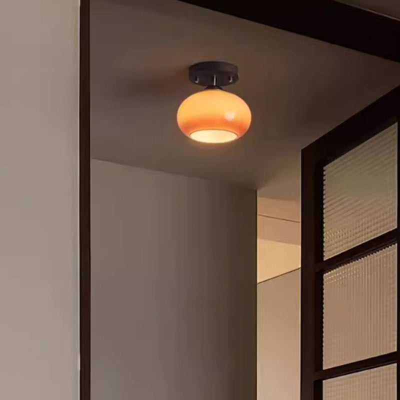 Contemporary Retro Round Oval Dome Wooden Base Glass 1-light Semi-flush Mount Ceiling Light for Living Room