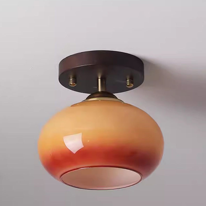 Contemporary Retro Round Oval Dome Wooden Base Glass 1-light Semi-flush Mount Ceiling Light for Living Room