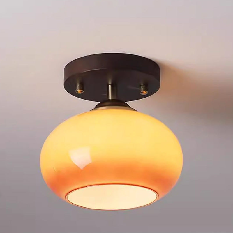 Contemporary Retro Round Oval Dome Wooden Base Glass 1-light Semi-flush Mount Ceiling Light for Living Room