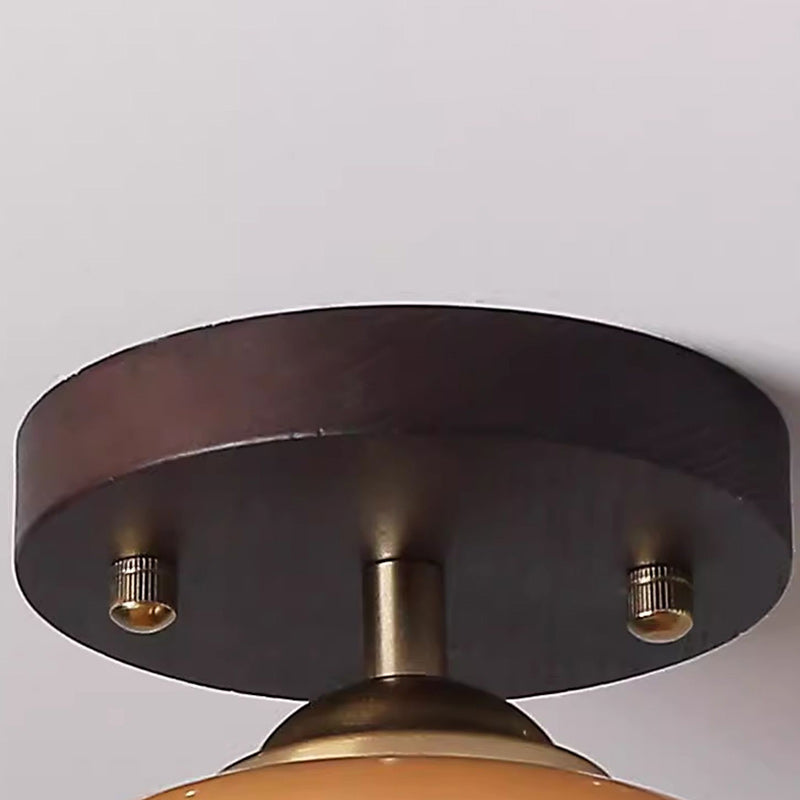 Contemporary Retro Round Oval Dome Wooden Base Glass 1-light Semi-flush Mount Ceiling Light for Living Room