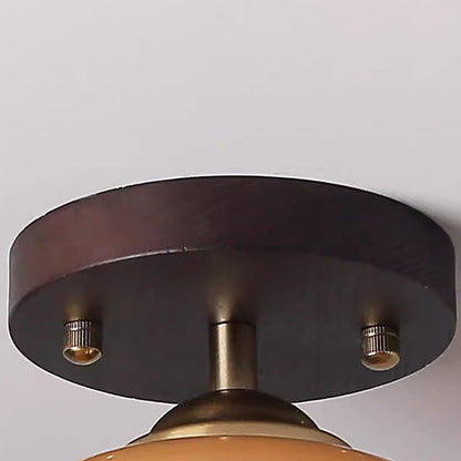Contemporary Retro Round Oval Dome Wooden Base Glass 1-light Semi-flush Mount Ceiling Light for Living Room
