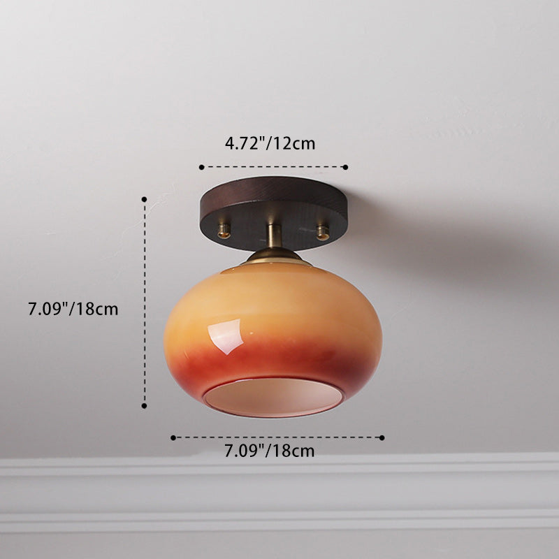 Contemporary Retro Round Oval Dome Wooden Base Glass 1-light Semi-flush Mount Ceiling Light for Living Room
