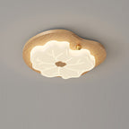 Contemporary Creative Lotus Leaf Rubberwood Base PE Shade LED Flush Mount Ceiling Light For Bedroom