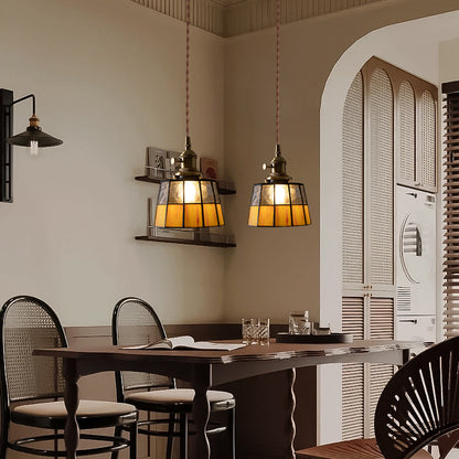 Traditional Vintage Round Square Glass Shade Copper 1-Light Pendant Light For Living Room