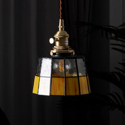 Traditional Vintage Round Square Glass Shade Copper 1-Light Pendant Light For Living Room