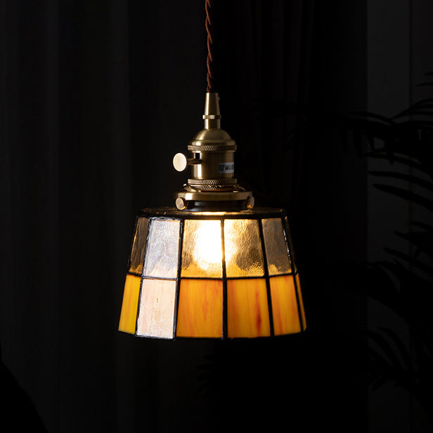 Traditional Vintage Round Square Glass Shade Copper 1-Light Pendant Light For Living Room