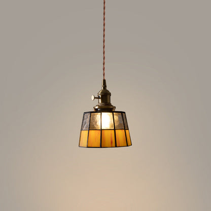 Traditional Vintage Round Square Glass Shade Copper 1-Light Pendant Light For Living Room