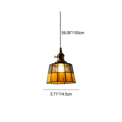 Traditional Vintage Round Square Glass Shade Copper 1-Light Pendant Light For Living Room