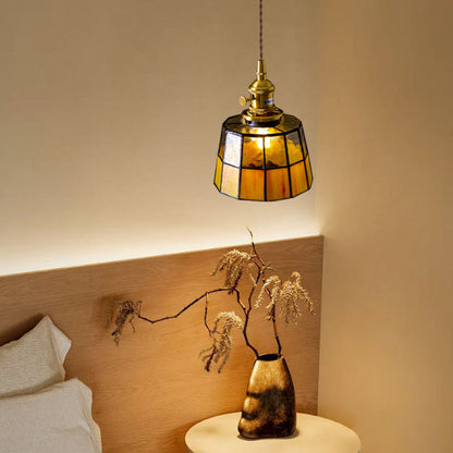 Traditional Vintage Round Square Glass Shade Copper 1-Light Pendant Light For Living Room