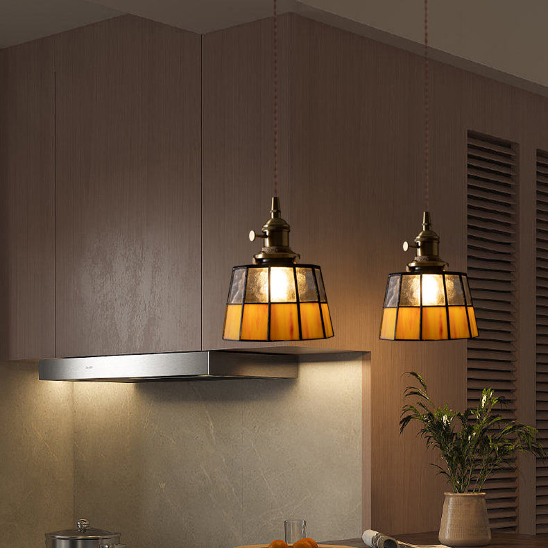 Traditional Vintage Round Square Glass Shade Copper 1-Light Pendant Light For Living Room