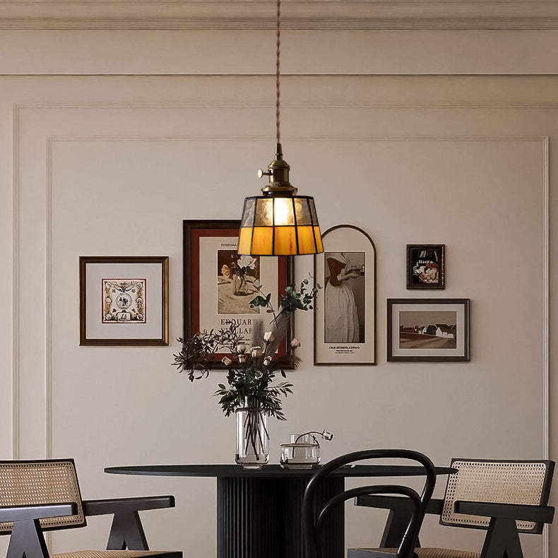 Traditional Vintage Round Square Glass Shade Copper 1-Light Pendant Light For Living Room