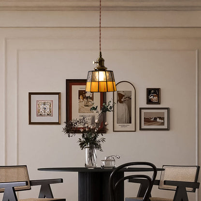 Traditional Vintage Round Square Glass Shade Copper 1-Light Pendant Light For Living Room