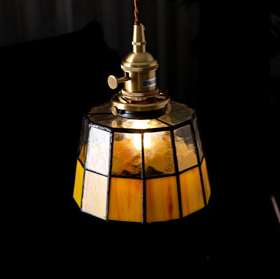 Traditional Vintage Round Square Glass Shade Copper 1-Light Pendant Light For Living Room