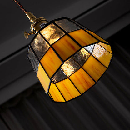Traditional Vintage Round Square Glass Shade Copper 1-Light Pendant Light For Living Room