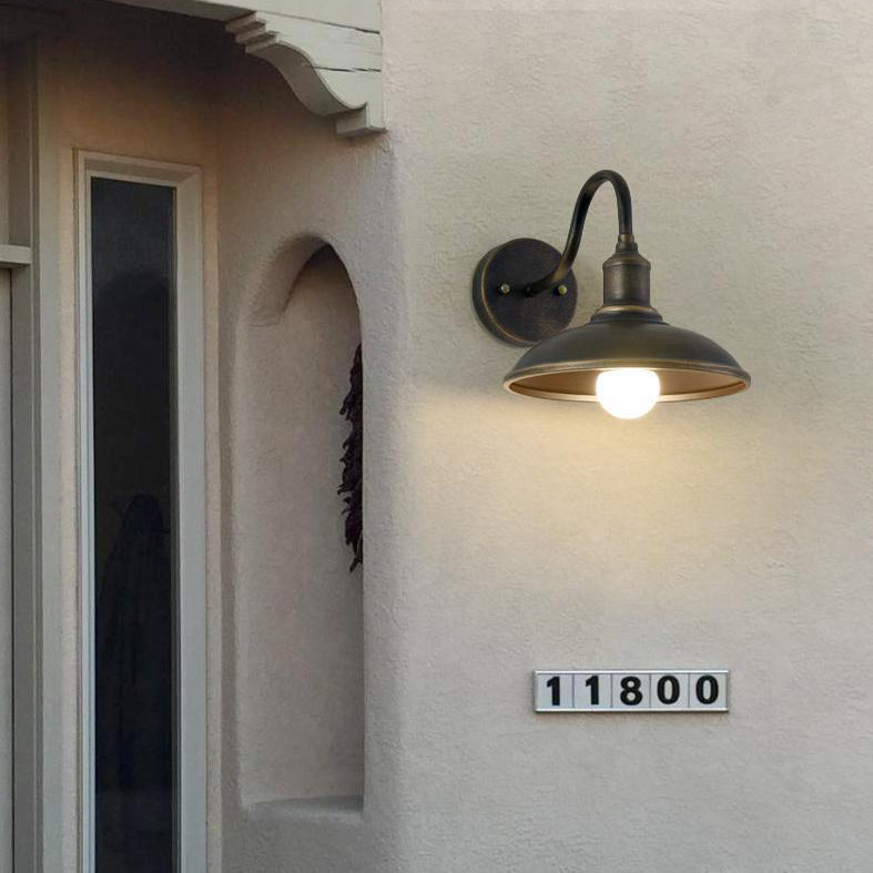 Contemporary Industrial Round Pot Lid Shape Curved Rod Iron Shade 1-Light Wall Sconce Lamp For Outdoor Patio
