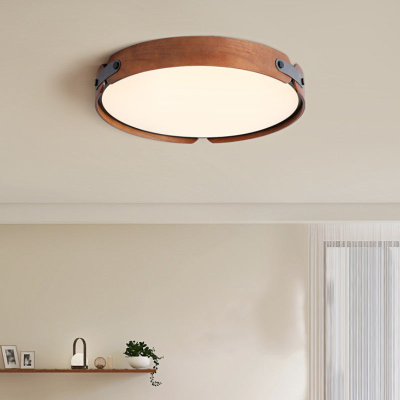 Modern Minimalist Round Iron Solid Wood Frame LED Flush Mount Ceiling Light for Bedroom