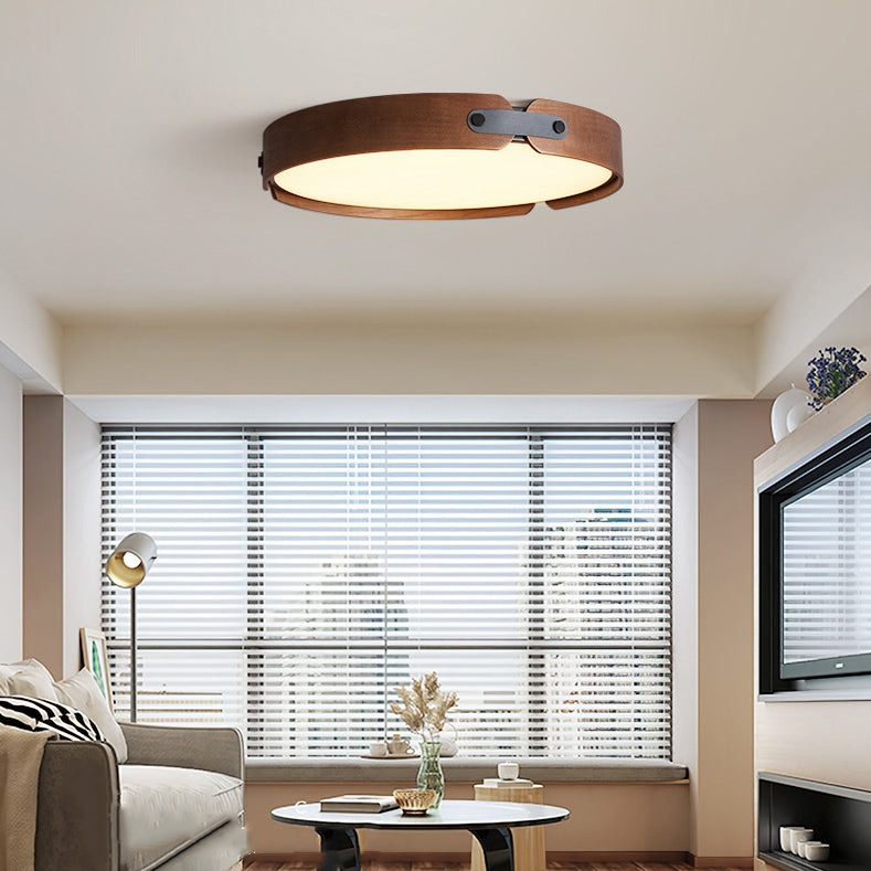 Modern Minimalist Round Iron Solid Wood Frame LED Flush Mount Ceiling Light for Bedroom