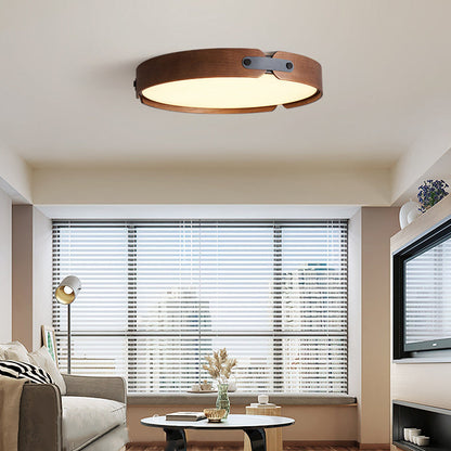 Modern Minimalist Round Iron Solid Wood Frame LED Flush Mount Ceiling Light for Bedroom