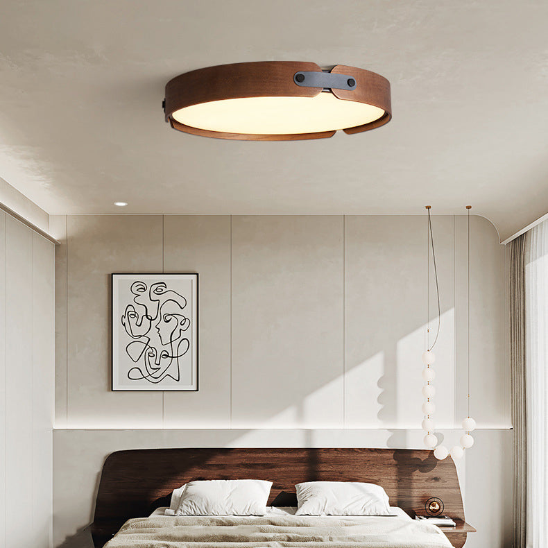 Modern Minimalist Round Iron Solid Wood Frame LED Flush Mount Ceiling Light for Bedroom