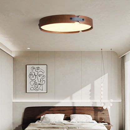 Modern Minimalist Round Iron Solid Wood Frame LED Flush Mount Ceiling Light for Bedroom