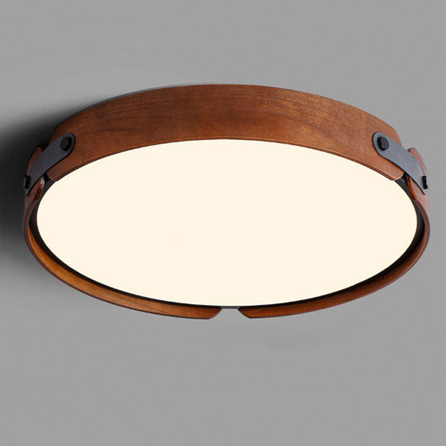 Modern Minimalist Round Iron Solid Wood Frame LED Flush Mount Ceiling Light for Bedroom
