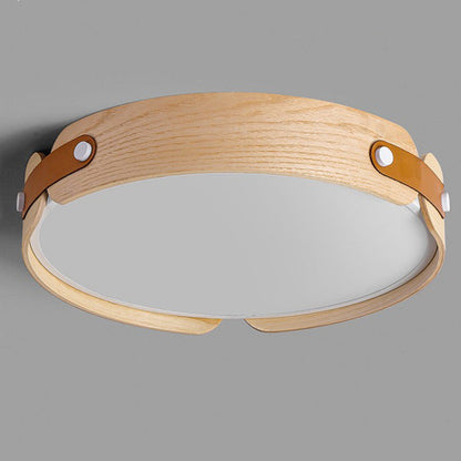 Modern Minimalist Round Iron Solid Wood Frame LED Flush Mount Ceiling Light for Bedroom