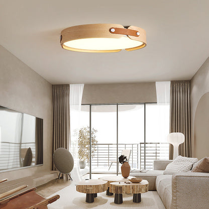 Modern Minimalist Round Iron Solid Wood Frame LED Flush Mount Ceiling Light for Bedroom