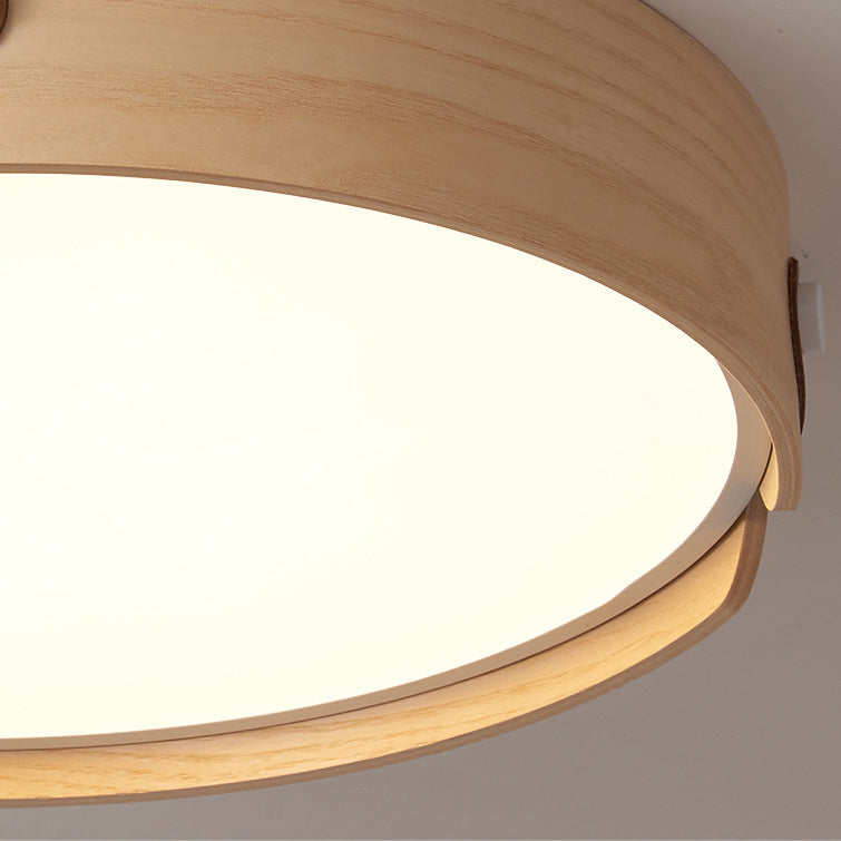 Modern Minimalist Round Iron Solid Wood Frame LED Flush Mount Ceiling Light for Bedroom