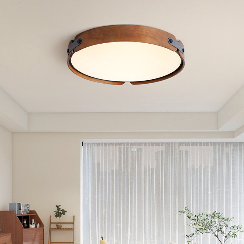 Modern Minimalist Round Iron Solid Wood Frame LED Flush Mount Ceiling Light for Bedroom
