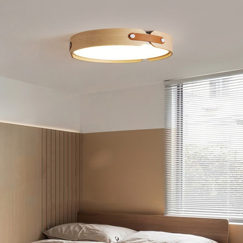 Modern Minimalist Round Iron Solid Wood Frame LED Flush Mount Ceiling Light for Bedroom
