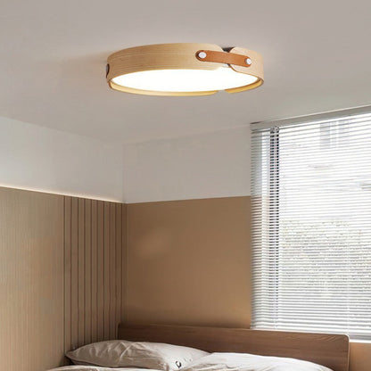 Modern Minimalist Round Iron Solid Wood Frame LED Flush Mount Ceiling Light for Bedroom