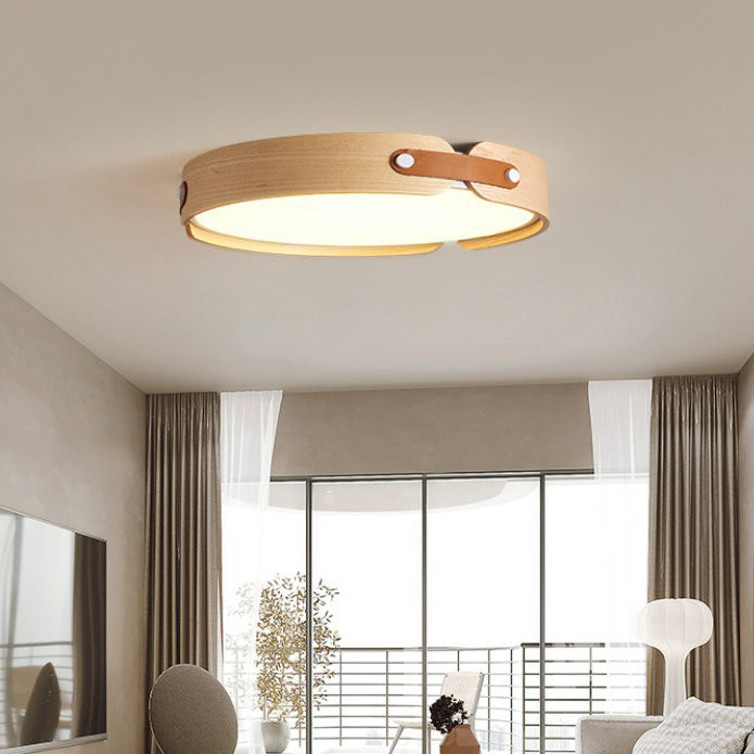 Modern Minimalist Round Iron Solid Wood Frame LED Flush Mount Ceiling Light for Bedroom
