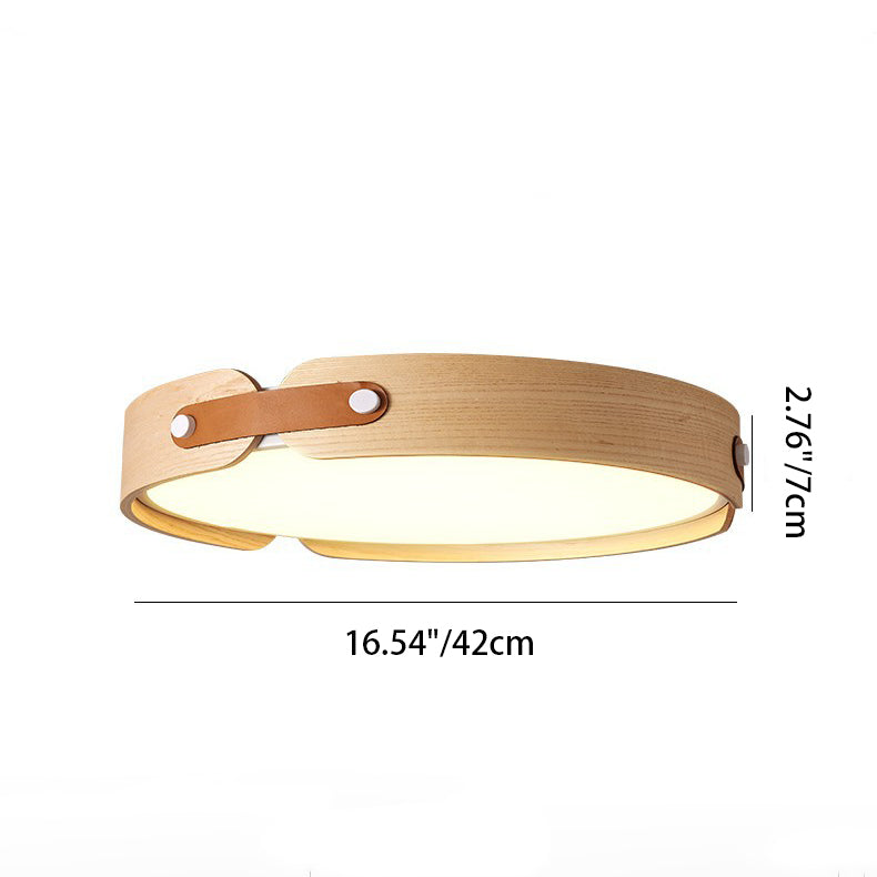 Modern Minimalist Round Iron Solid Wood Frame LED Flush Mount Ceiling Light for Bedroom