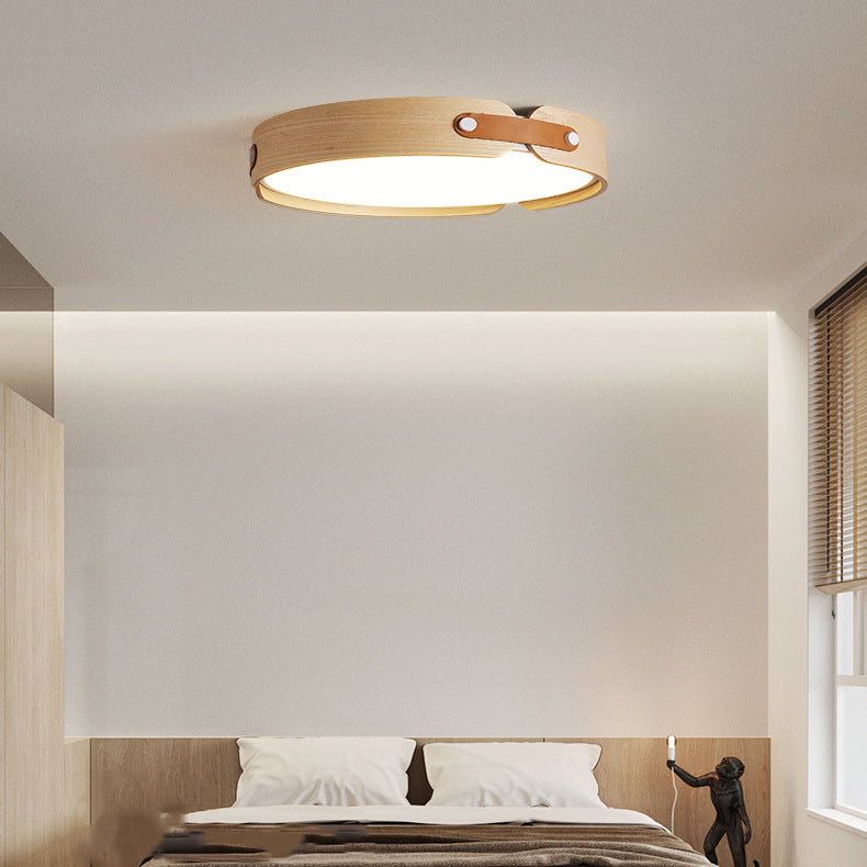 Modern Minimalist Round Iron Solid Wood Frame LED Flush Mount Ceiling Light for Bedroom