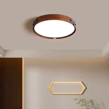 Modern Minimalist Round Iron Solid Wood Frame LED Flush Mount Ceiling Light for Bedroom